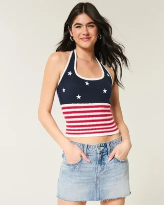 Top halter estilo crochet con estampado de bandera estadounidense
