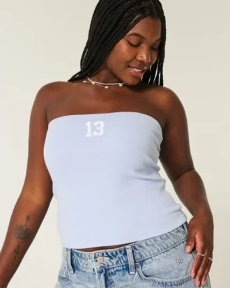 Top sin tirantes con estampado gráfico y ribete acanalado
