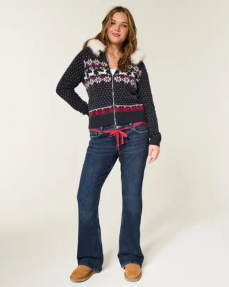 Vaqueros bootcut de talle bajo, lavado oscuro y cintura con lazo rojo