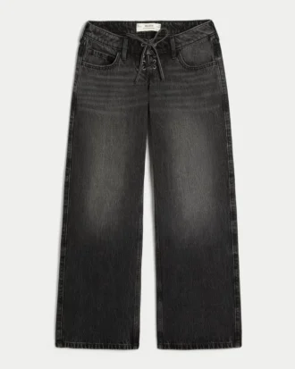 Vaqueros holgados lavados de talle ultra bajo con cordones negros