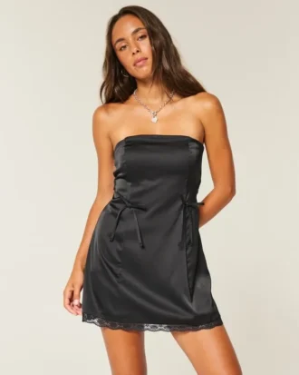 Vestido ajustado sin tirantes con lazo de satén