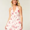 Vestido falda pantalón con escote halter y doble fruncido