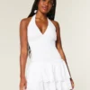 Vestido falda pantalón con escote halter y doble fruncido