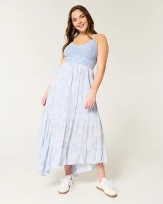 Vestido largo con cuello en V y mezcla de estilos de ganchillo
